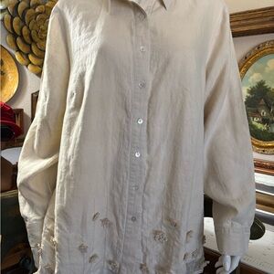 Edward Irish Linen Womens beige long Sleeve Flower Design Blouse Top